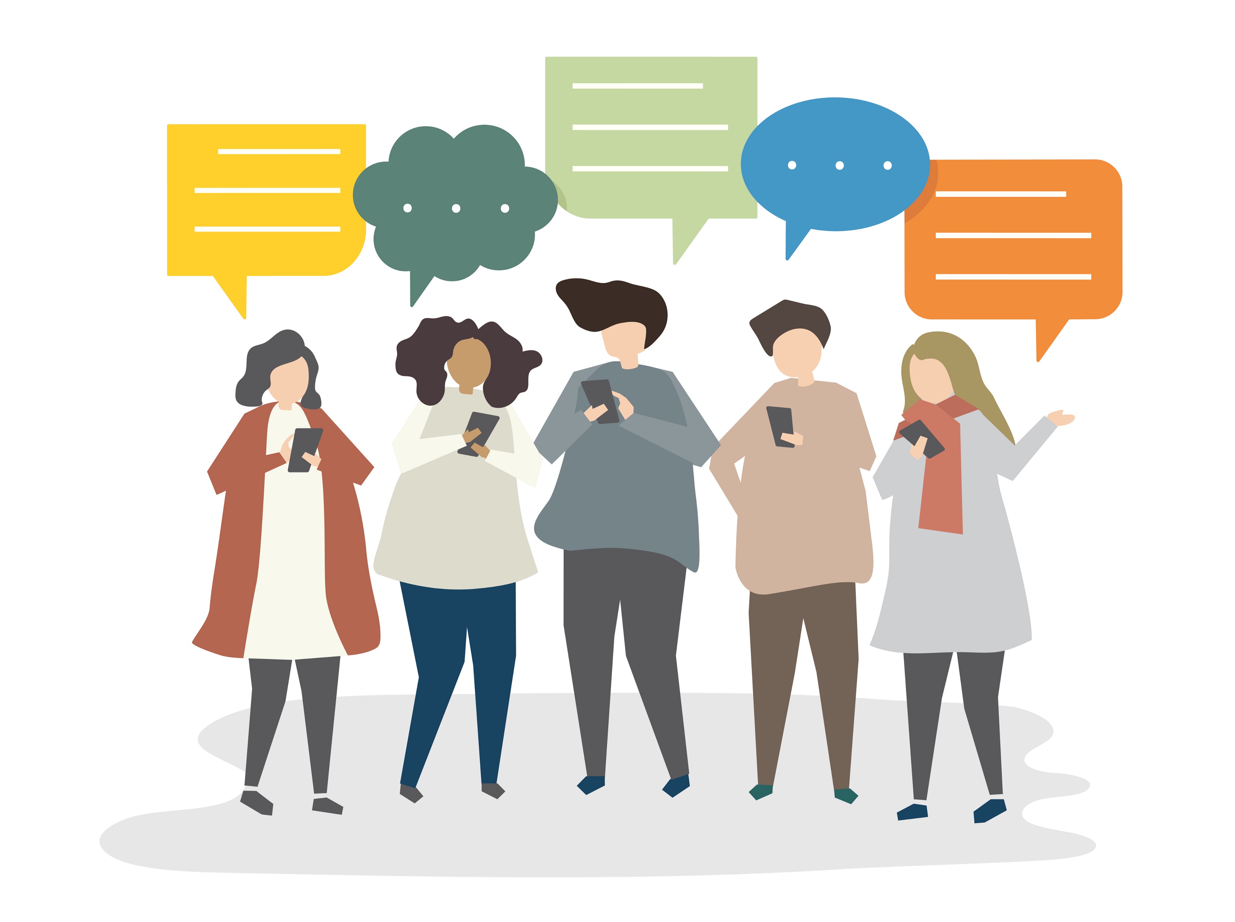 Icons of people from different backgrounds voicing their opinions and analysis