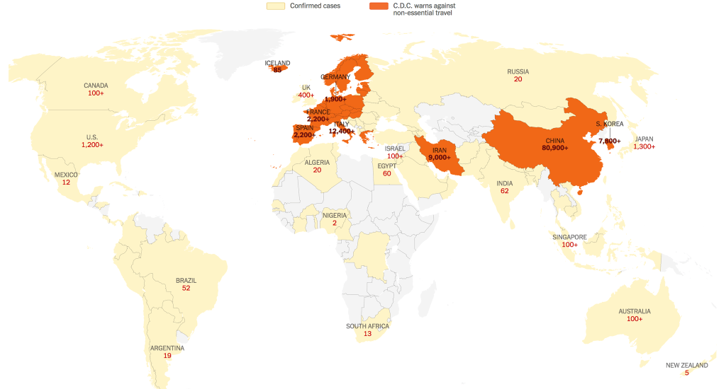 A map from New York Times displaying COVID-19's growth around the world