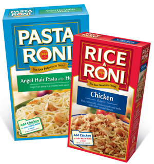 Pasta Roni and Rice-A-Roni products next to each other