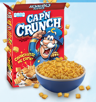 A Cap'N Crunch cereal-product next to a bowl with the cereal in it