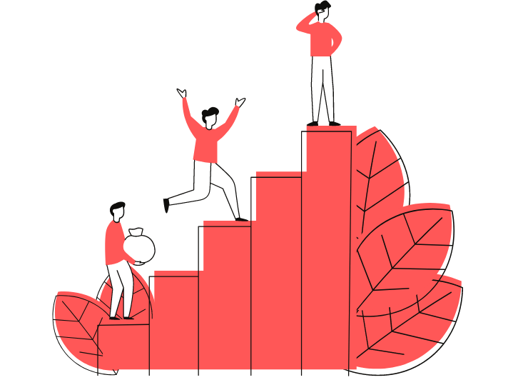 Three people climbing a bar graph representing leadership and management 