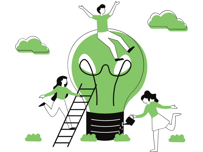 A person sitting on top of a lightbulb, another one is climbing towards him with a stairs and another watering the lightbulb to represent sustainability