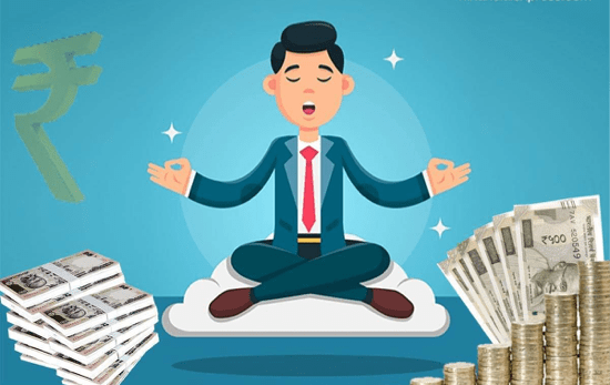 An icon of a man meditating while piling on cash to represent that personal wellbeing is key to financial wellbeing