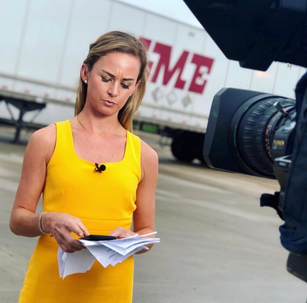 Emma Hogg during one of her live TV News reports at KWQC in Davenport, Iowa