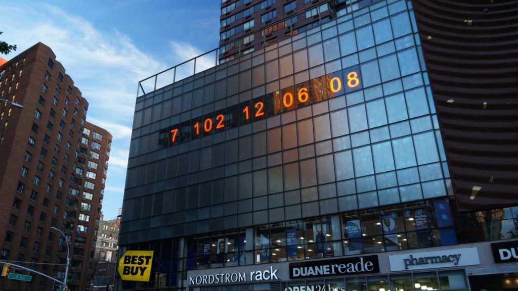 The Metronome in Union Square, which now displays the time left before we burn all the carbon that will push the planet to chaos