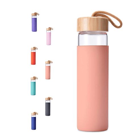 A pink Yomious Glass Water Bottle, a perfect gift for your loved ones for the holidays!