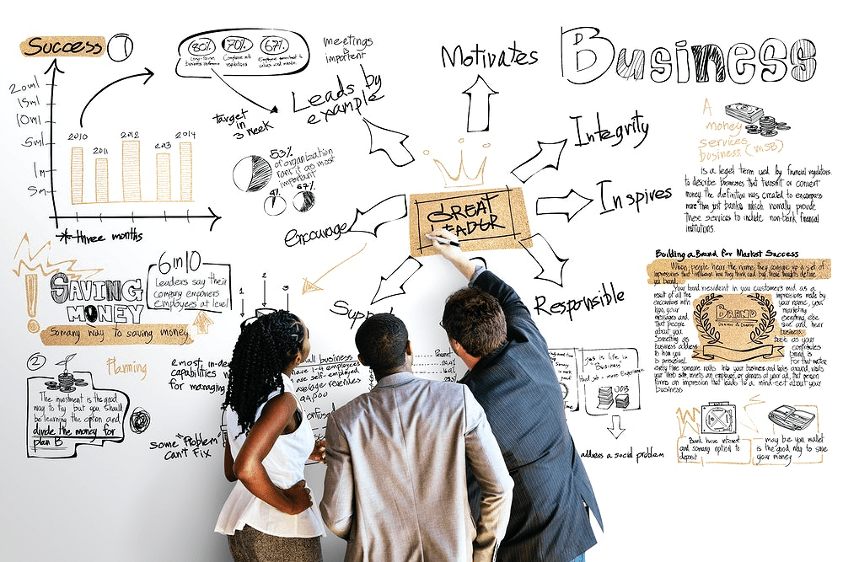 Three people brainstorming while writing on a whiteboard their business ideas and making connection about them